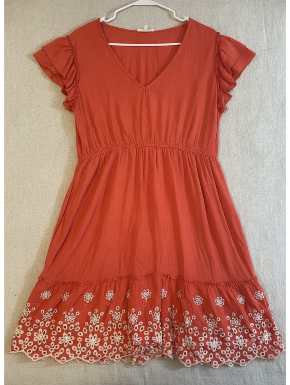 Solitaire XL Rust Orange Dress with Embroidered Hem and Ruffle Sleeves